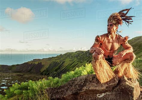 Native Rapa Nui Man In Tradititional Costume On The Rim Of The Rano Kau