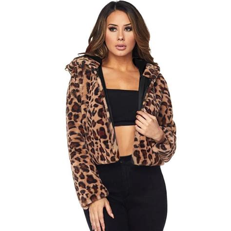Winter Women Hooded Faux Fur Coat Leopard Print Long Sleeves Side