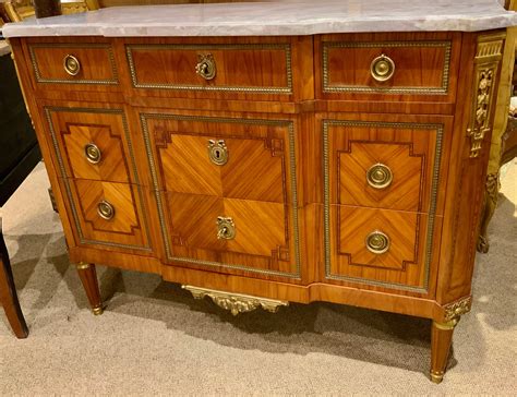 French Commode Marble Top With Bronze Dore Mounts With Marquetry Inlay