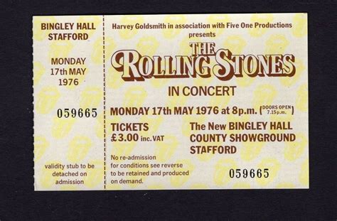 1976 Rolling Stones Unused Full Concert Ticket Stafford Uk Black And