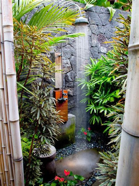 A contemporary outdoor shower of white concrete, tiles, pebbles on. 20 Tropical Outdoor Showers With Peaceful Feeling ...