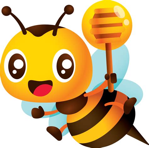 Free Cartoon Cute Bee Holding Honey Dipper With Honey Dripping Happy