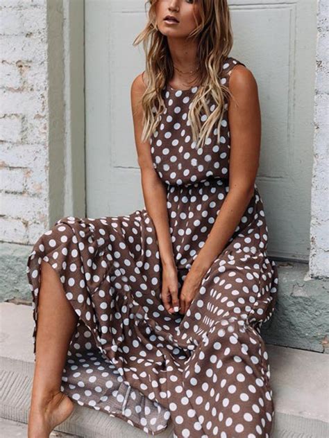 Round Neck Polka Dots Sleeveless Casual Dresses Polka Dot Maxi Dresses Maxi Dresses Casual