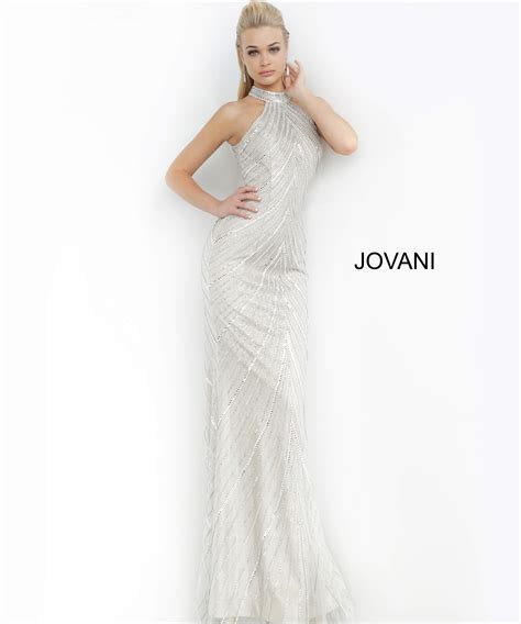 Jovani 3833 Nude Silver High Neck Embellished Prom Dress
