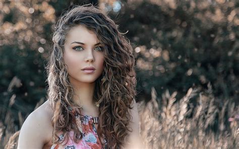 Girl Outdoors Curly Hair Long Hair Brunette Girl Blue Eyes Wallpaper X Px
