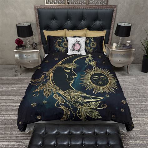 It's no wonder, then, that the right bedding can play such an important role in our lives. Boho Midnight Black Teal with Gold Sun Moon and Stars ...