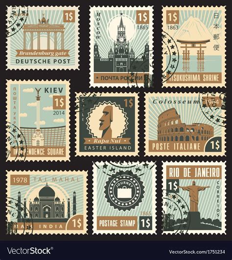Set Of Stamps From Different Countries With Architectural Landmarks