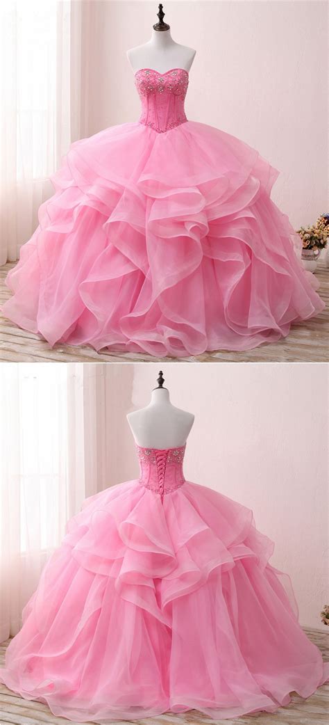 Beaded Pink Tulle Poofy Evening Gown Prom Dresses Sweet 16 Dresses