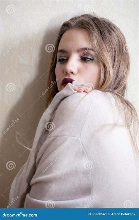 Shy Girl In Wool Cardigan Stock Image Image Of Clothing 36900561