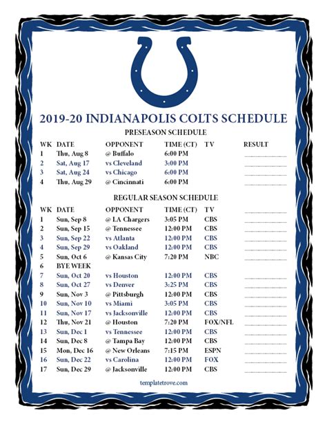 Printable 2019 2020 Indianapolis Colts Schedule