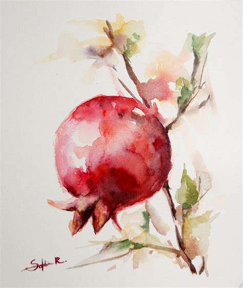 Red Pomegranate Branch Original Watercolor Painting The Last One