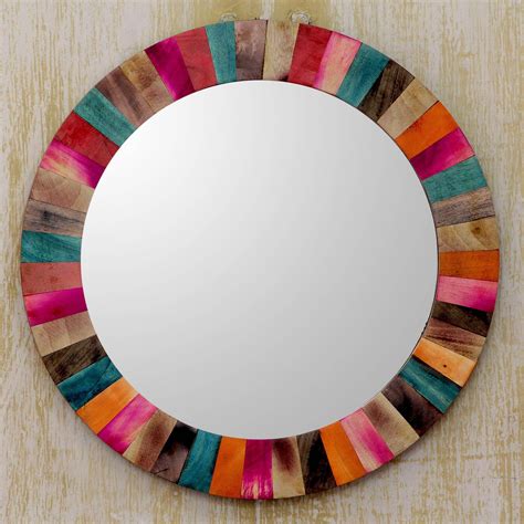 Colorful Mango Wood Wall Mirror Hand Crafted In India Festive Holi