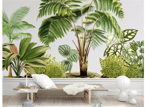 Hand Painted Tropical Plants Wallpaper Wall Mural Green Etsy Plant