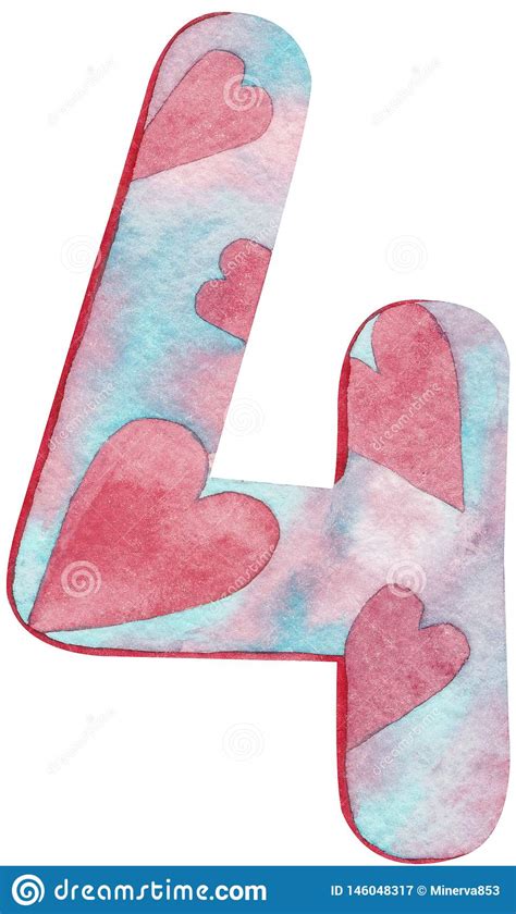 Watercolor Number Four with Pink and Blue Colors and Hearts Stock