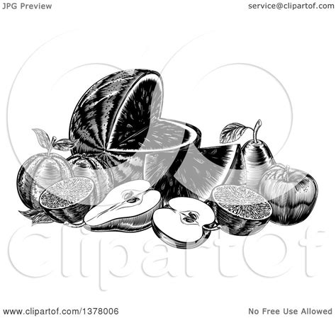 Clipart Of A Vintage Black And White Woodcut Still Life Of Fruit