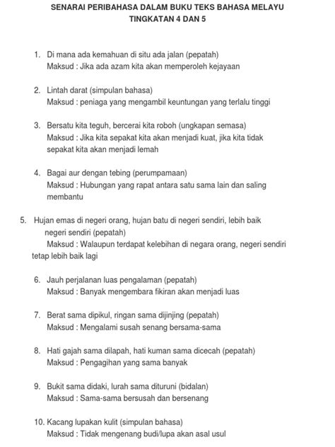 Hujan emas di negeri orang, hujan batu di negeri sendiri. Senarai Peribahasa Dalam Buku Teks Bahasa Melayu Tingkatan ...