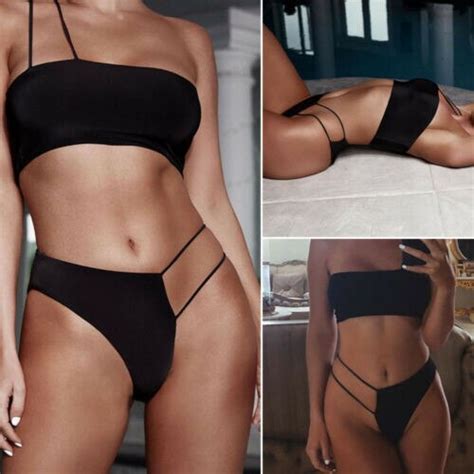 Wanita Seksi Padat Bikini Set Satu Bahu Pcs Bra Tali Brasil Baju