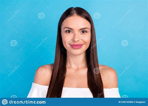 Photo Of Cheerful Positive Charming Cute Lady Look Camera Smile Wear