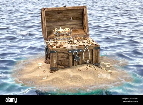 Open Treasure Chest Full Of Golden Coins On Sandy Island Wealth And