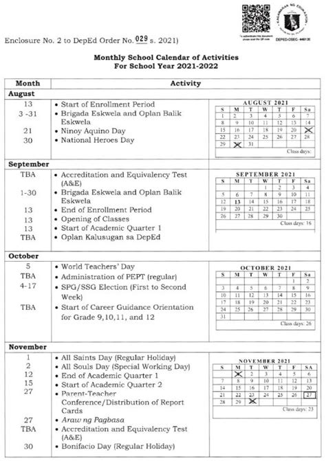 Deped Calendar Of Activities