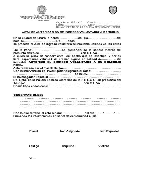 Acta De Autorizacion De Ingreso Voluntario A Domicilio Pdf