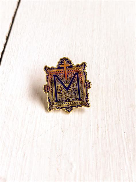 Gold Marian Cross Lapel Pin Hard Enamel Badge Vintage Style Catholic