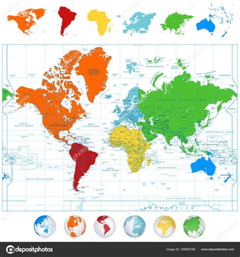 Detailed Vector World Map With Colorful Continents And 3d Globes Stock