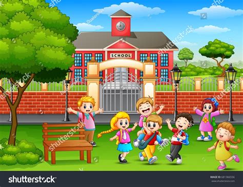 Happy School Children Playing Front School Stock Illustration 681366556