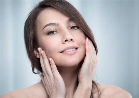 Young Woman Touching Her Face Stock Image Image Of Hair Cosmetics