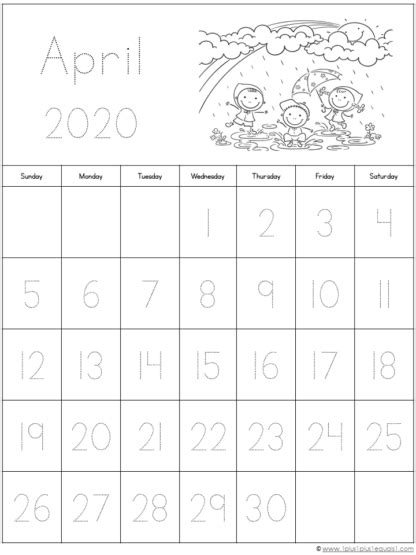 April Month Calendar Printable For Kids