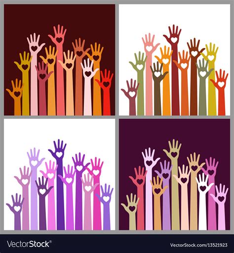 Set Of Colorful Volunteers Caring Up Hands Hearts Vector Image