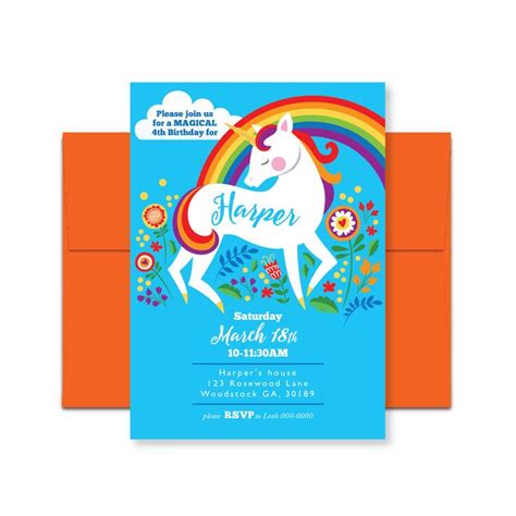 Unicorn Rainbow Birthday Invitation Printable Customized Etsy