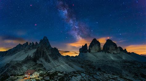 471028 Dolomite Alps House Milky Way Stars Mountains Snow Italy