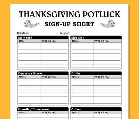 Thanksgiving Potluck Sign Up Sheet Printable