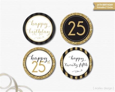 Black Gold Glitter 25th Birthday Decorations Printable Toppers