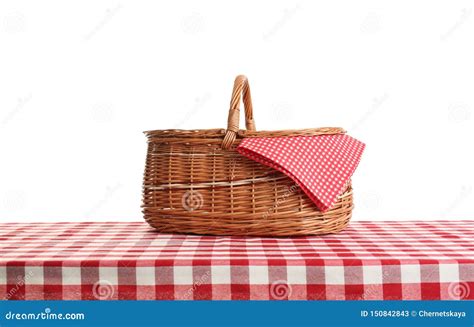 Empty Picnic Basket On Checkered Tablecloth Stock Image Image Of