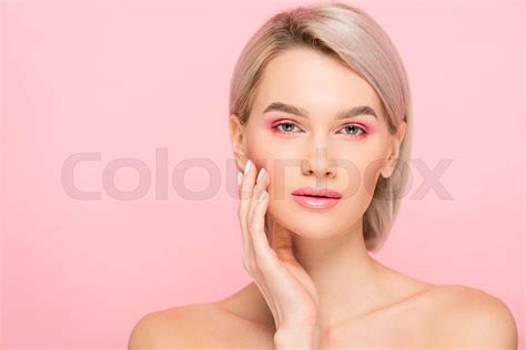 Tender Nude Girl With Perfect Skin Isolated On Pink Stock Image