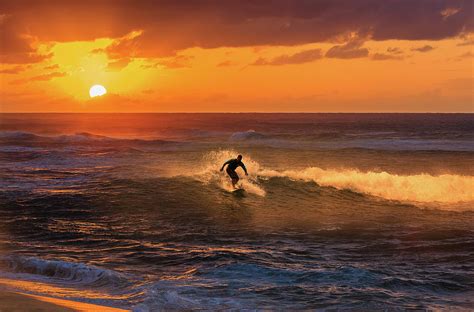 Surfer Surfing On Golden Ocean Wave Sunset Time Sunset Beach Oahu