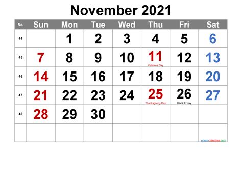 Printable November 2021 Calendar With Holidays