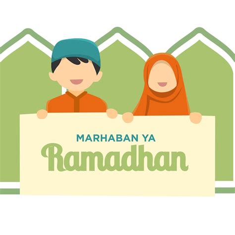 Muslimische Kinder Die Marhaban Ya Ramadhan Grüße Halten Premium Vektor