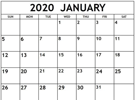 Printable January Calendar Template