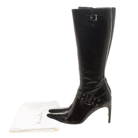 Dior Black Leather Eyelet Detail Pointed Toe Knee High Boots Size 405 For Sale At 1stdibs