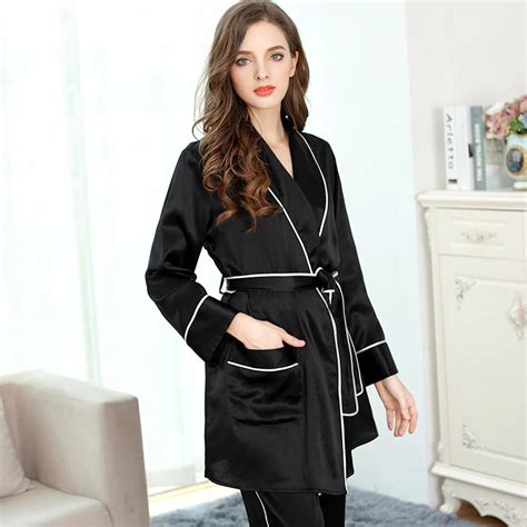 Elegant Black 100 Genuine Silk Robes Pajamas Sets Women Noble Nighty