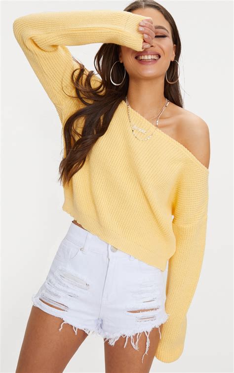 Lemon Off Shoulder Cropped Sweater Knitwear Prettylittlething Uae