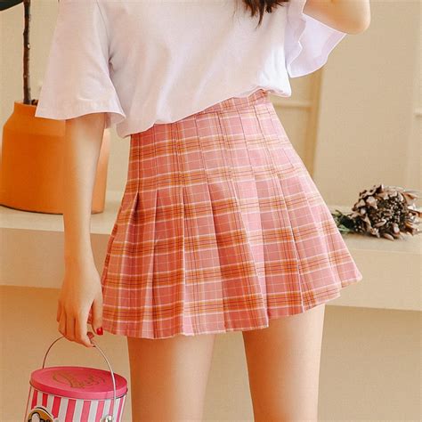 2018 new women summer mini skirts harajuku cute sweet pleated skirts pink plaid ladies office