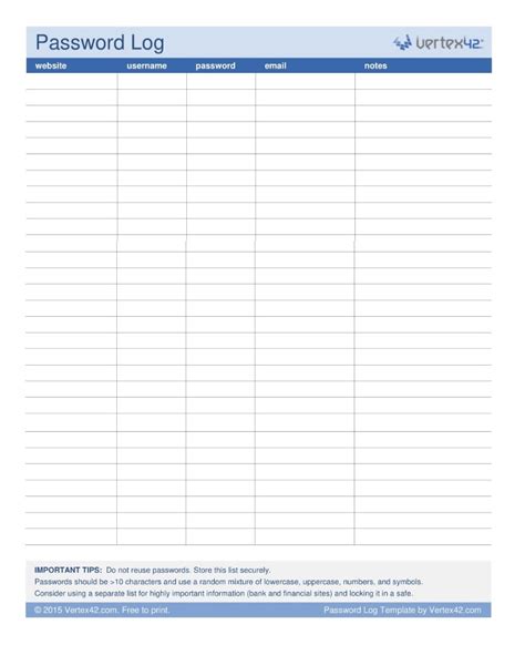 Password Log Template 10 Free Printable Word Excel And Pdf Formats