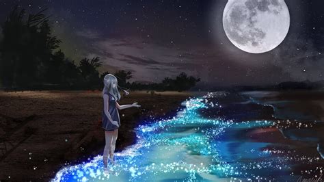 Anime Scenery Girl Night Beach Moon K Wallpaper