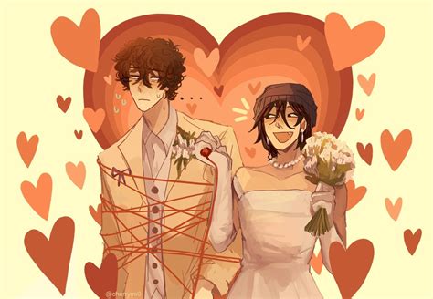 Two People Standing Next To Each Other With Hearts In The Background