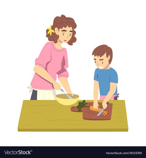 Mom And Her Son Cooking In Kitchen Parent Vector Image