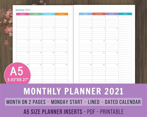 Monthly Planner 2021 Printable Inserts Lined Dated Monthly Etsy
